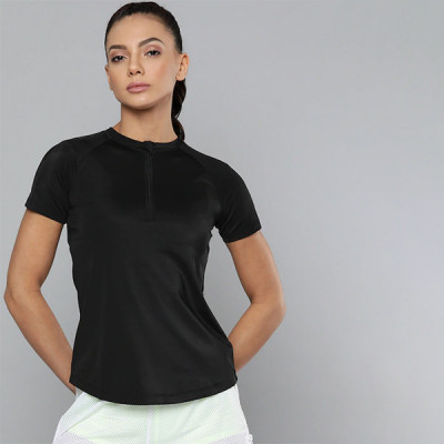 Women Black Slim Fit Training or Gym T-shirt