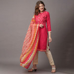 Pink & Gold-Toned Embroidered Unstitched Dress Material