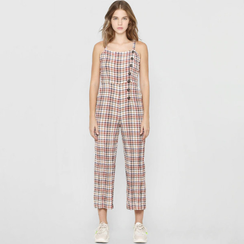 Women Beige & White Checked Basic Jumpsuit