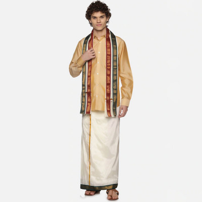 Men Cream-Coloured Solid Art Silk Dhoti