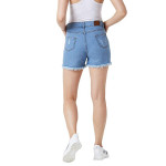 Miss Chase Women's Blue Relaxed Fit Distressed Mid Rise Ripped Fringed Hemline Denim Shorts