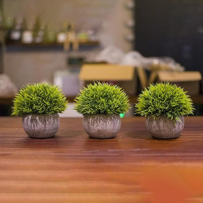 Opps Mini Artificial Plants Plastic Fake Green Grass Topiary Shrubs with Gray Pot for Home Décor