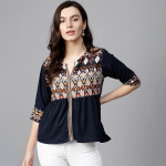 Navy Blue Ethnic Motifs Pleated Keyhole Neck Top